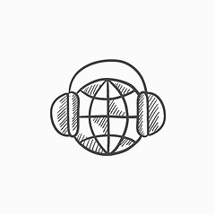 Image showing Globe in headphones sketch icon.