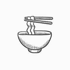 Image showing Bowl of noodles with pair chopsticks sketch icon.