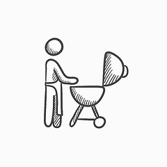 Image showing Man at barbecue grill sketch icon.