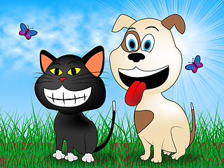 Image showing Cat With Dog Indicates Pet Grassy And Pets