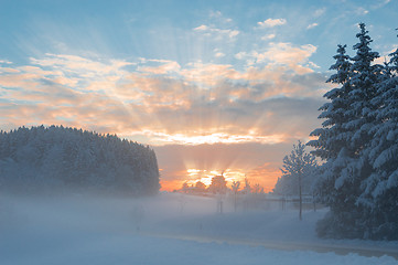 Image showing Winter morning snowy scenery with dawn sunlight rays breaking cl