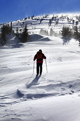 Image showing Hiker in winter mountains at sunny windy day
