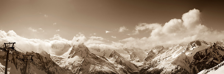 Image showing Panoramic view from ski resort in winter sun day