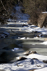 Image showing Frozen mountain river in sun winter morning