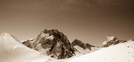 Image showing Panorama of winter snow mountains