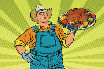 Image showing Rural farmer and roast Turkey