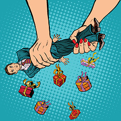 Image showing Female hands squeeze men gifts