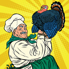 Image showing Retro chef with a live Turkey, thanksgiving