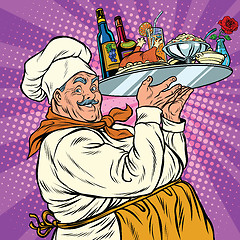 Image showing Retro chef with dinner on a tray