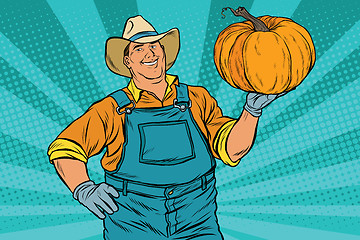 Image showing Rural farmer and pumpkin, holiday thanksgiving