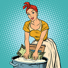 Image showing money laundering business concept, retro woman washes the dollar