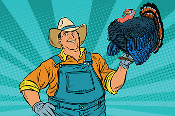 Image showing Rural retro farmer with a beautiful living Turkey