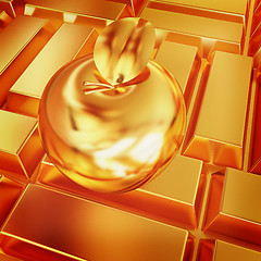 Image showing golden apple on the gold bars background. 3D illustration. Vinta