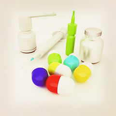 Image showing Syringe, tablet, pill jar. 3D illustration. 3D illustration. Vin