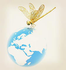 Image showing Dragonfly on earth. 3D illustration. Vintage style.