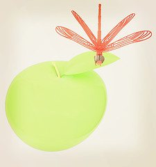 Image showing Dragonfly on apple. 3D illustration. Vintage style.