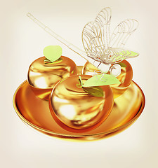 Image showing Dragonfly on gold apples. 3D illustration. Vintage style.