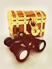 Image showing binoculars and chest. 3D illustration. Vintage style.