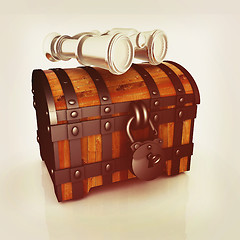 Image showing binoculars and chest. 3D illustration. Vintage style.