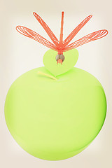 Image showing Dragonfly on apple. 3D illustration. Vintage style.