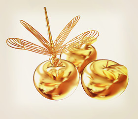 Image showing Dragonfly on gold apples. 3D illustration. Vintage style.