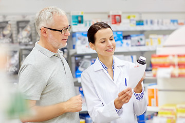 Image showing pharmacist and senior man buying drug at pharmacy