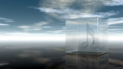 Image showing music note in glass cube under cloudy sky - 3d rendering