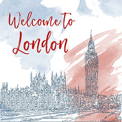 Image showing Hand drawn ink line sketch of London. Watercolor background