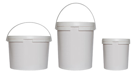 Image showing Three white plastic buckets