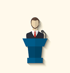 Image showing Flat icon of orator speaking from rostrum, long shadow style