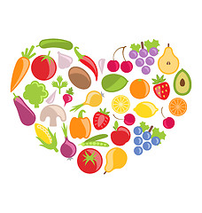 Image showing Set Colorful Vegetables and Fruits in Heart Shape