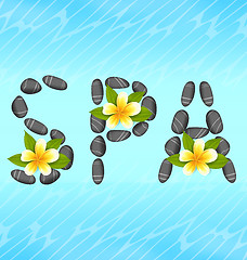 Image showing Lettering spa made ??of pebbles and frangipani flowers (plum