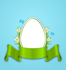 Image showing Easter paper egg with flowers daisy, grass, butterfly and ribbon