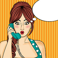 Image showing Pop art  woman chatting on retro phone . Comic woman with speech