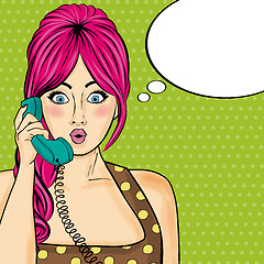 Image showing Pop art  woman chatting on retro phone . Comic woman with speech