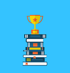 Image showing Flat icons of heap textbooks and cup of award