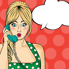 Image showing Pop art  woman chatting on retro phone . Comic woman with speech