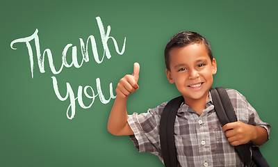 Image showing Hispanic Boy with Thumbs Up in Front of Chalk Board with Thank Y