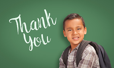 Image showing Hispanic Boy in Front of Chalk Board with Thank You Written On I