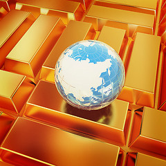 Image showing Earth and gold bars. 3D illustration. Vintage style.