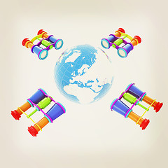 Image showing binoculars around earth. 3D illustration. Vintage style.