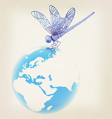 Image showing Dragonfly on earth. 3D illustration. Vintage style.