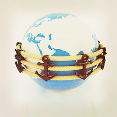 Image showing Design fence of anchors on the ropes and Earth in the center. 3D