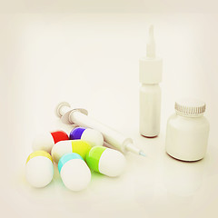 Image showing Syringe, tablet, pill jar. 3D illustration. 3D illustration. Vin