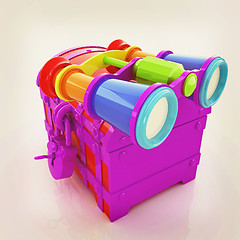 Image showing binoculars and chest. 3D illustration. Vintage style.