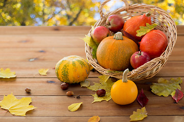 Image showing close up of pumpkins in basket on wooden table