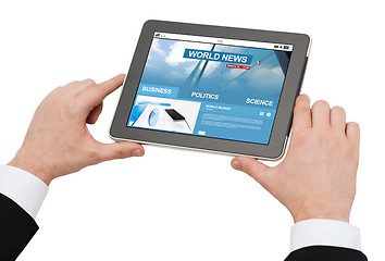 Image showing close up of hands with business news on tablet pc