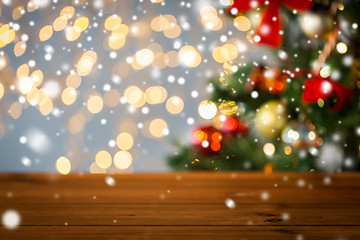 Image showing empty wooden surface over christmas tree lights