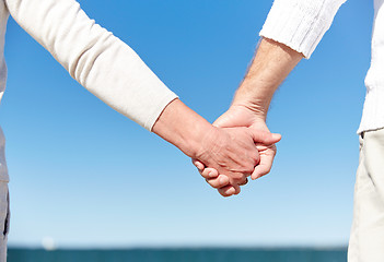 Image showing close up of senior couple holding hands on beach