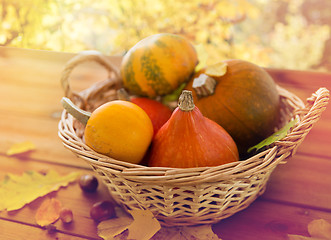 Image showing close up of pumpkins in basket on wooden table